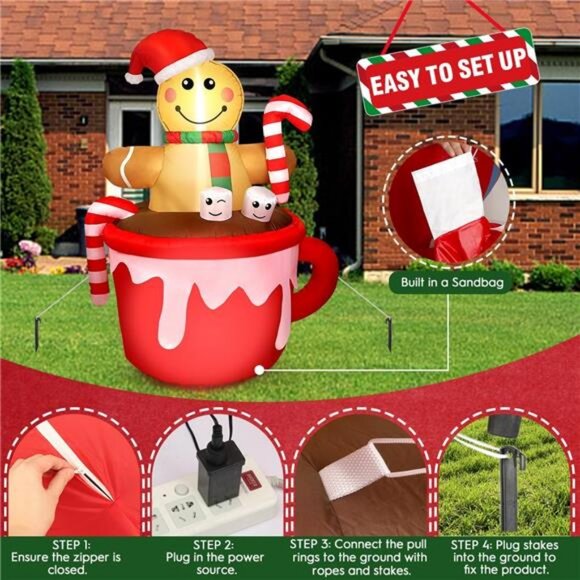 5FT Christmas Inflatable Outdoor Decoration, Gingerbread Man in Coffee Mug Blow - Picture 2 of 8